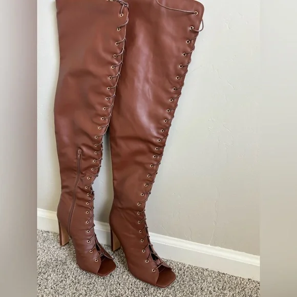 Fashion nova brown 8.5 Brown Over-the-Knee Lace-Up Boots. - Picture 5 of 9